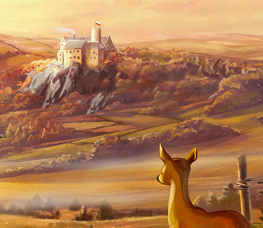 Blick über die erzgebirgische Landschaft mit Burg in warmem Licht