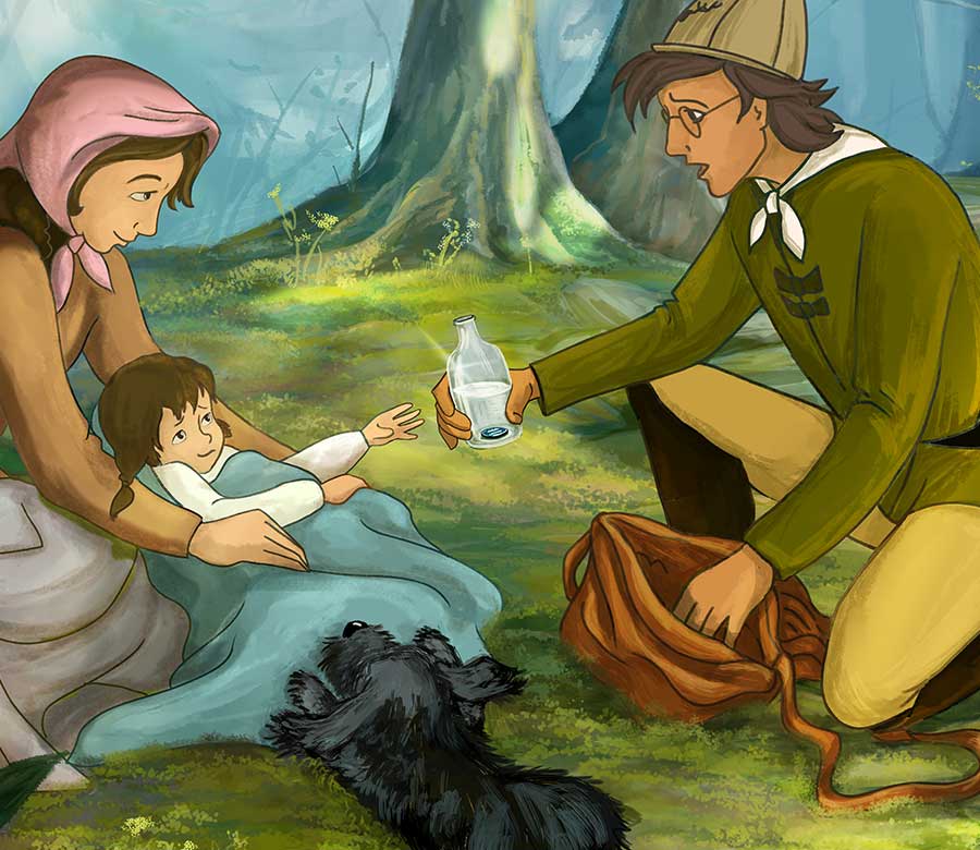 Carl hilft einem Kind im Wald, während Strups ruhig daneben liegt