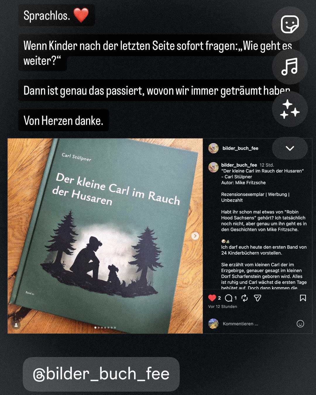 Instagram-Rezension von bilder_buch_fee zu Der kleine Carl im Rauch der Husaren vom 09. Mai 2026